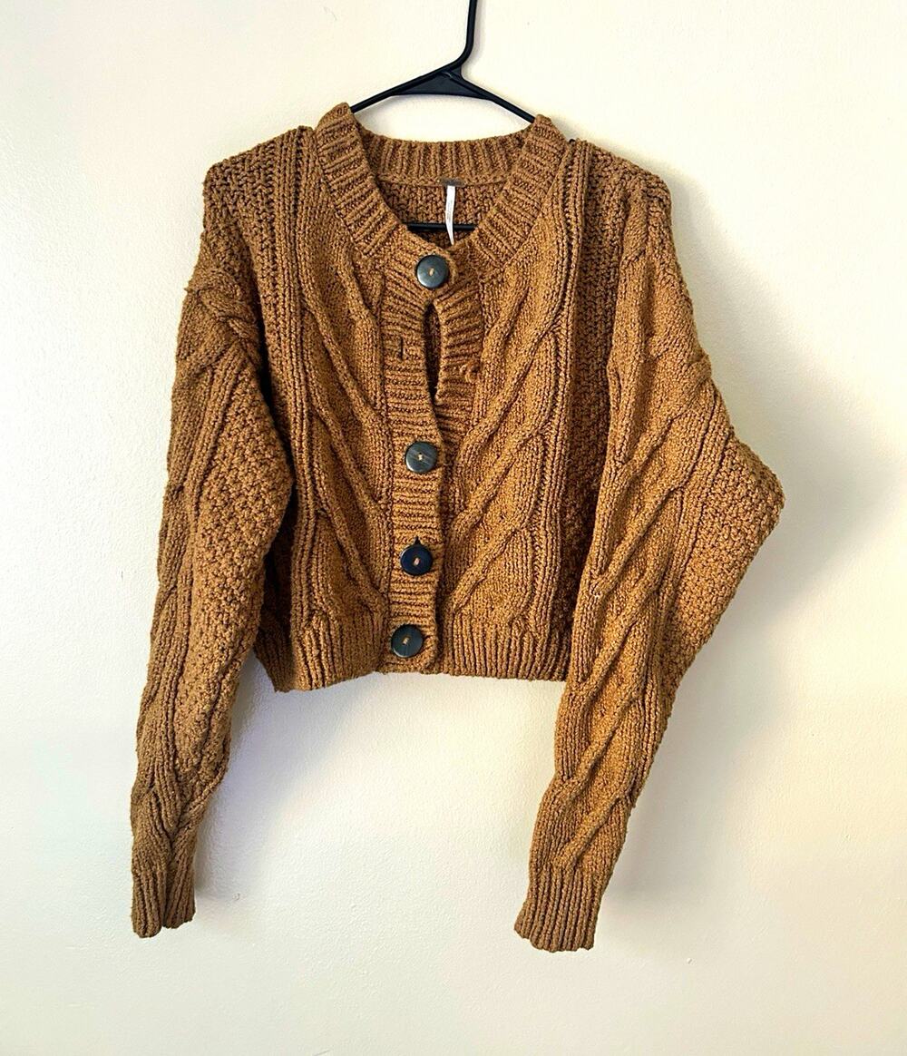 Free People Brown Cable-Knit Cropped Button Front Cardigan Sweater Sz S